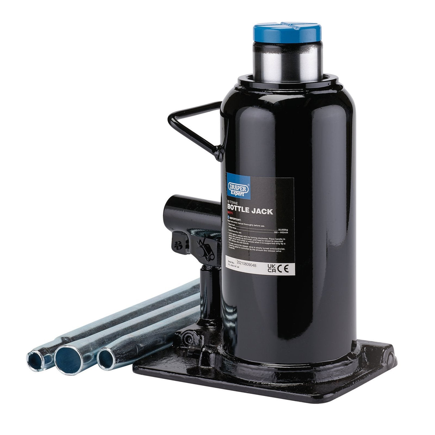 The Draper Expert Hydraulic Bottle Jack, 30 Tonne - BJE30 features a heavy-duty black design with a blue cap and includes steel handles. It also comes with a safety information label, making it ideal for commercial and industrial applications.