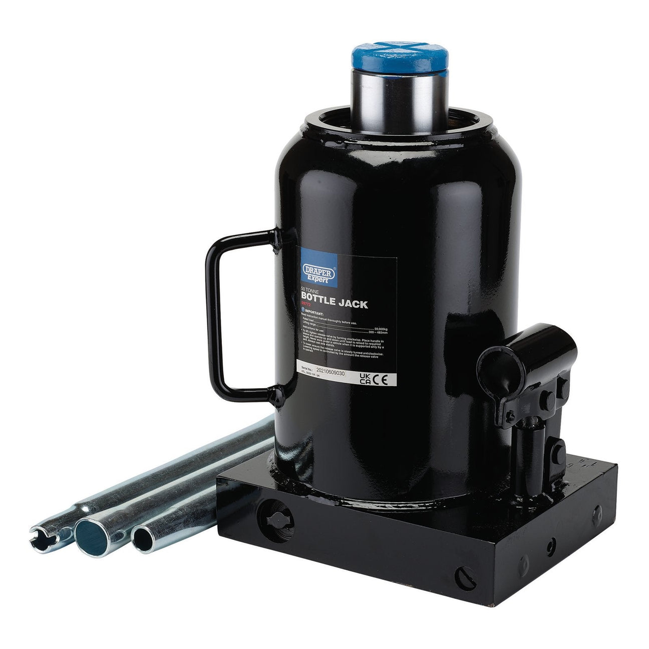 A Draper Expert Hydraulic Bottle Jack, 50 Tonne - BJE50, in black with a handle, two metal extension rods, and a labeled body, ideal for both industrial applications and commercial use.