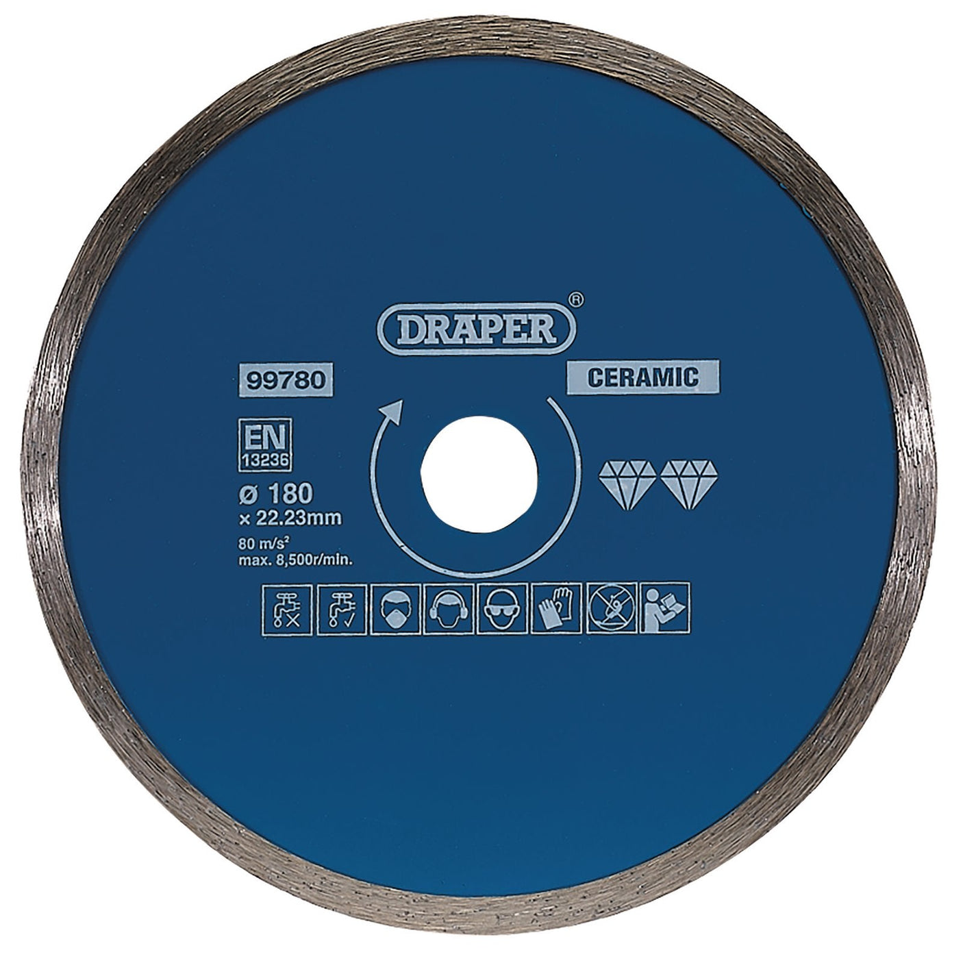 A blue Draper Continuous Diamond Blade, labeled "DRAPER" and adorned with various safety and usage icons, measures 180mm in diameter with a thickness of 22.23mm. Ideal for angle grinders, its design excels at cutting both ceramic and natural stone tiles efficiently.