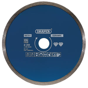 The Draper Continuous Diamond Blade, 200mm - DBC4, is a blue ceramic cutting disc with a diameter of 200mm and a bore size of 25.4mm, designed for precision cutting on ceramic tiles and natural stone tiles. It features safety and usage icons along the bottom of the disc.