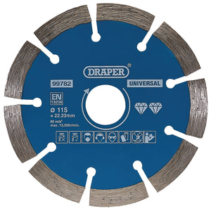 The Draper Segmented Diamond Blade, 115mm - DBS1 is designed for concrete cutting and features a round, blue segmented blade with silver edges. Model "99782" is perfect for use with angle grinders and includes various safety icons.