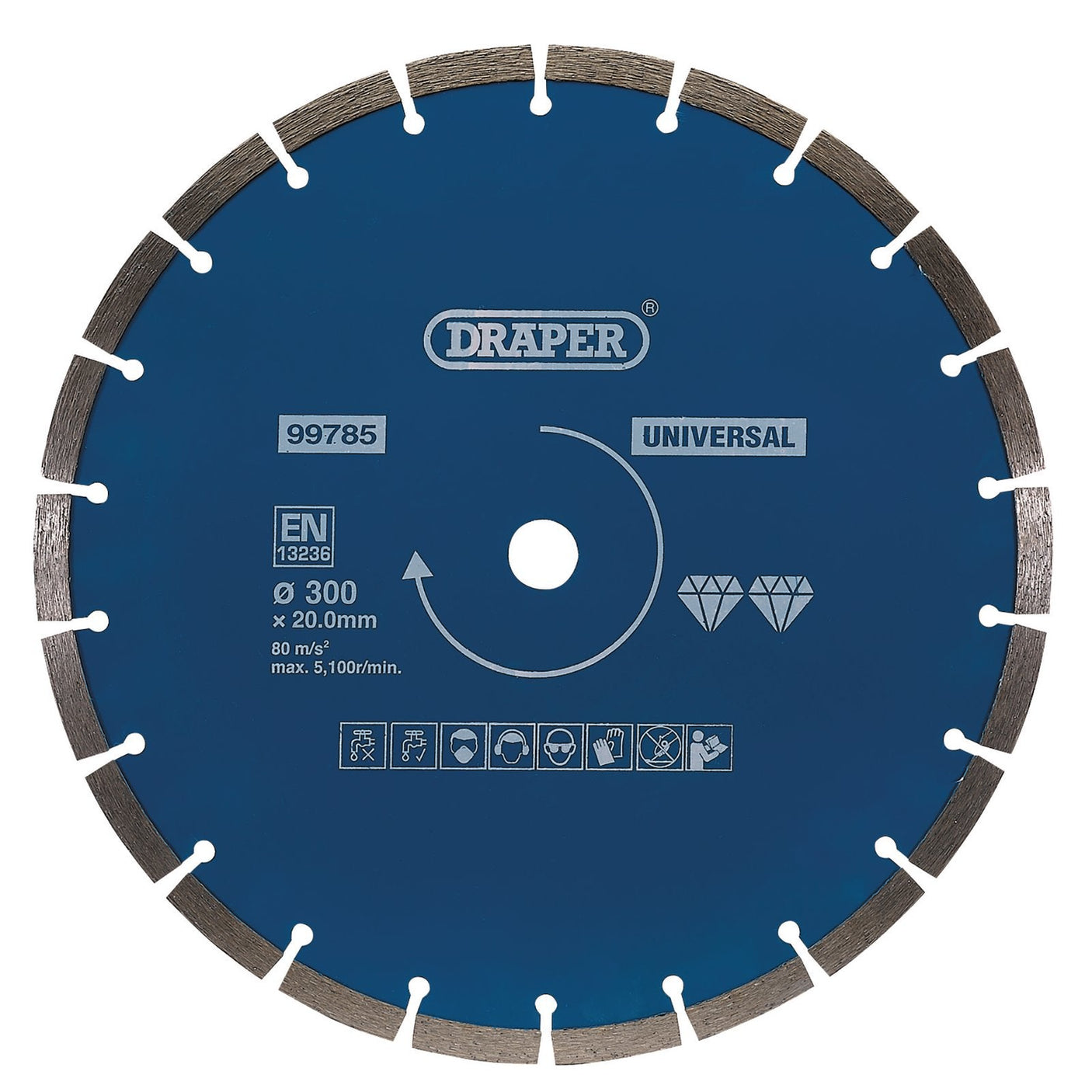 A blue segmented diamond blade with the brand name "Draper," model number DBS4, designed as a general-purpose blade, features various specifications and safety icons printed on the surface.