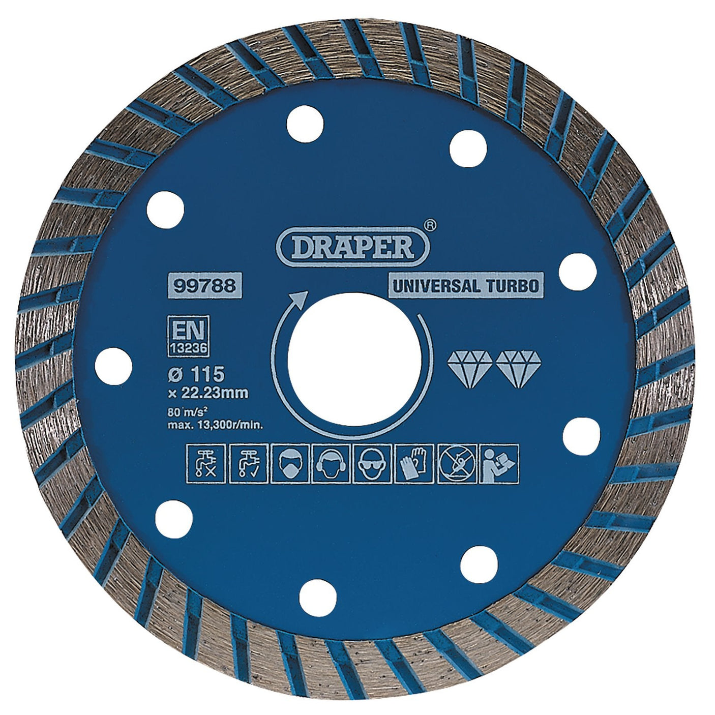 The Draper Turbo Diamond Blade, 115mm - DBT1 from Draper, with a diameter of 115mm and a bore of 22.23mm, is perfect for granite cutting with angle grinders and includes safety symbols and instructions.