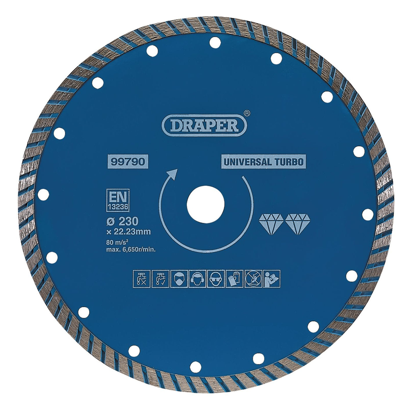 A Draper Turbo Diamond Blade, 230mm - DBT3 circular saw with serrated edges and various specifications such as diameter, bore size, and maximum speed printed on it. Perfect for cutting granite and marble.