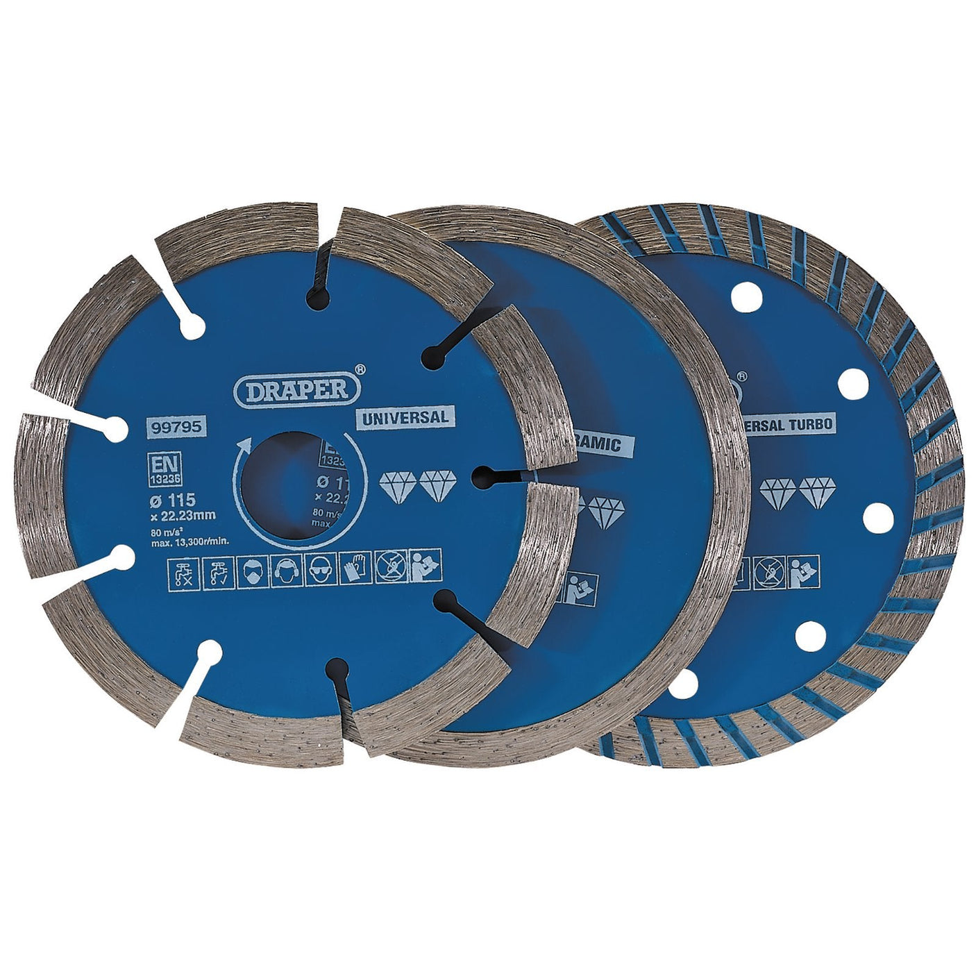 Three 115mm blue circular saw blades with segmented rims, from the Draper Diamond Blade Set (DBP2), labeled "Draper Universal Turbo" and "Draper Universal Ceramic," ideal for cutting granite and marble or ceramic and natural stone tiles.