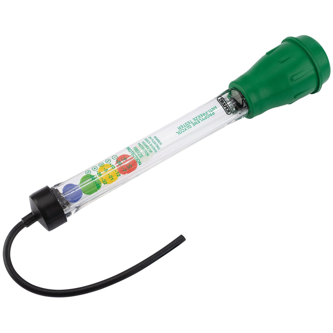 The Draper Disc Type Propylene Glycol Antifreeze Tester - AFT-PG is a clear plastic hydrometer with a green top, specifically designed for measuring the specific gravity of battery acid or propylene glycol coolant. It features colored floating balls inside and has a black rubber hose attached at the bottom.