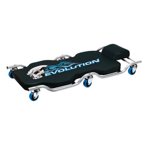 The Draper Expert Evolution Mechanic's Steel Creeper, also known as the CC-EVO, features a heavy-duty steel frame with black and blue styling, including blue wheels and a cushioned headrest. The main body proudly displays the word "Evolution" along with a distinctive decorative graphic. This premium mechanics' companion is backed by a lifetime warranty for added peace of mind.