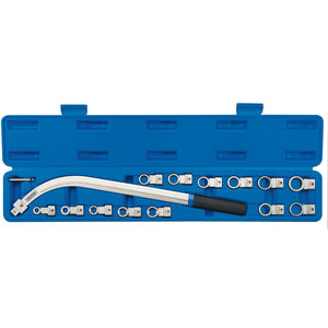 A Draper Belt Tensioner Wrench Set - BTWS, presented in a blue tool case with a vinyl-handled wrench and various interchangeable heads, each neatly arranged in individual slots.