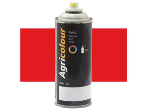 A 400ml spray can of Sparex's Agricolour red gloss aerosol paint, identified by part number S.999507 and featuring a black label, is placed in front of a red rectangular background. The can covers an area of 2m².