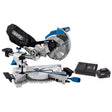 A Draper D20 20V Brushless Sliding Compound Mitre Saw, 185mm, complete with a 5.0Ah battery pack, fast charger, dust collection bag, sliding arm, and power cable on a white background.