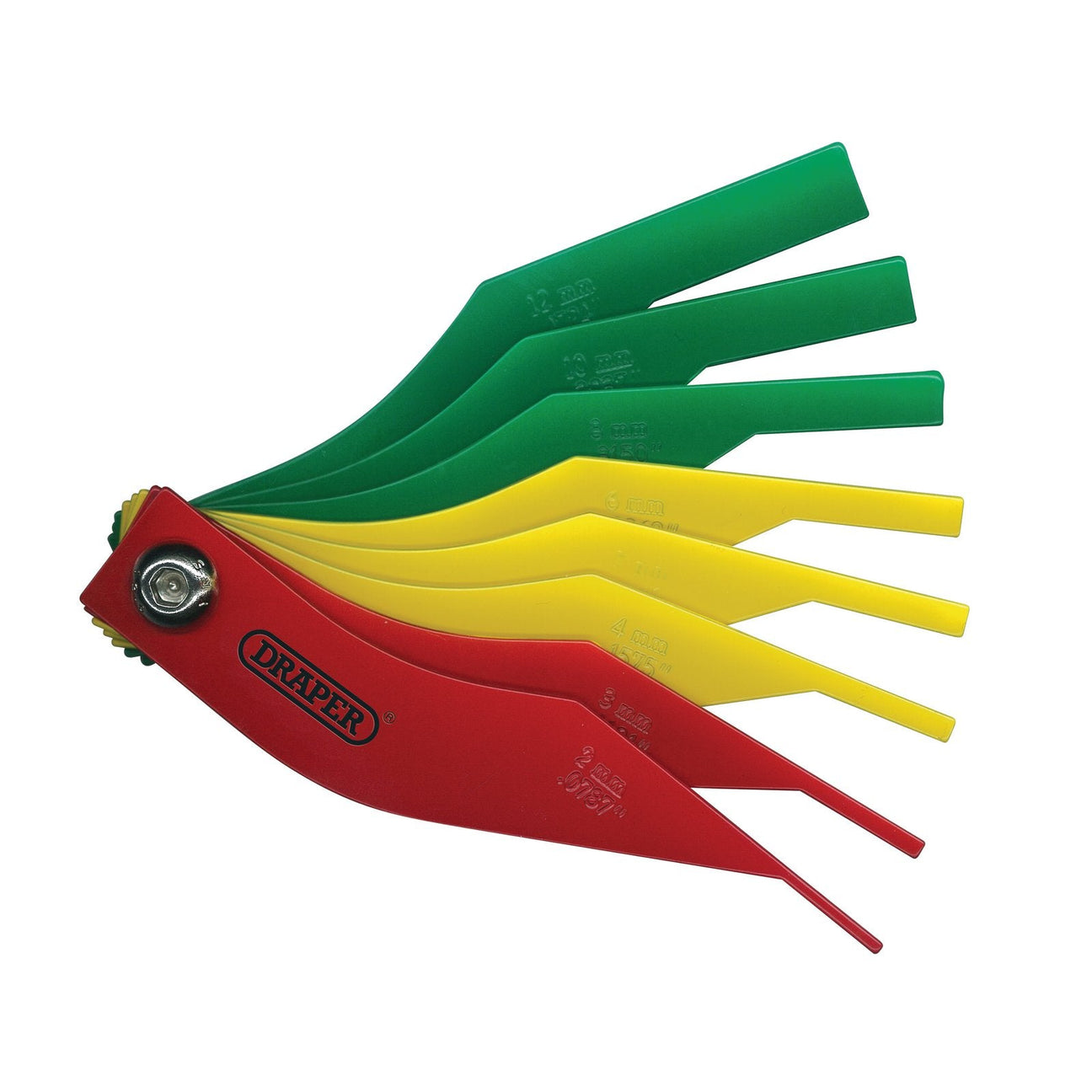 A set of Draper Brake Pad Thickness Gauges - BPTG, including an 8-blade thickness gauge, with metal blades in red, yellow, and green, fanned out and attached with a screw at the pivot point.