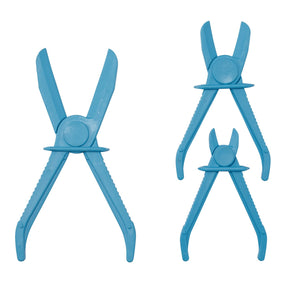 The Draper Flexible Hose Clamp Set (3 Piece) - FHCS-ST includes three blue plastic pliers in various sizes, each with uniquely curved, clamp-like ends perfect for gripping hoses. These non-conductive tools feature a convenient one-handed locking mechanism, making them ideal for a wide range of applications.
