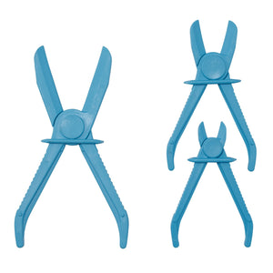 The Draper Flexible Hose Clamp Set (3 Piece) - FHCS-ST includes three blue plastic pliers in various sizes, each with uniquely curved, clamp-like ends perfect for gripping hoses. These non-conductive tools feature a convenient one-handed locking mechanism, making them ideal for a wide range of applications.