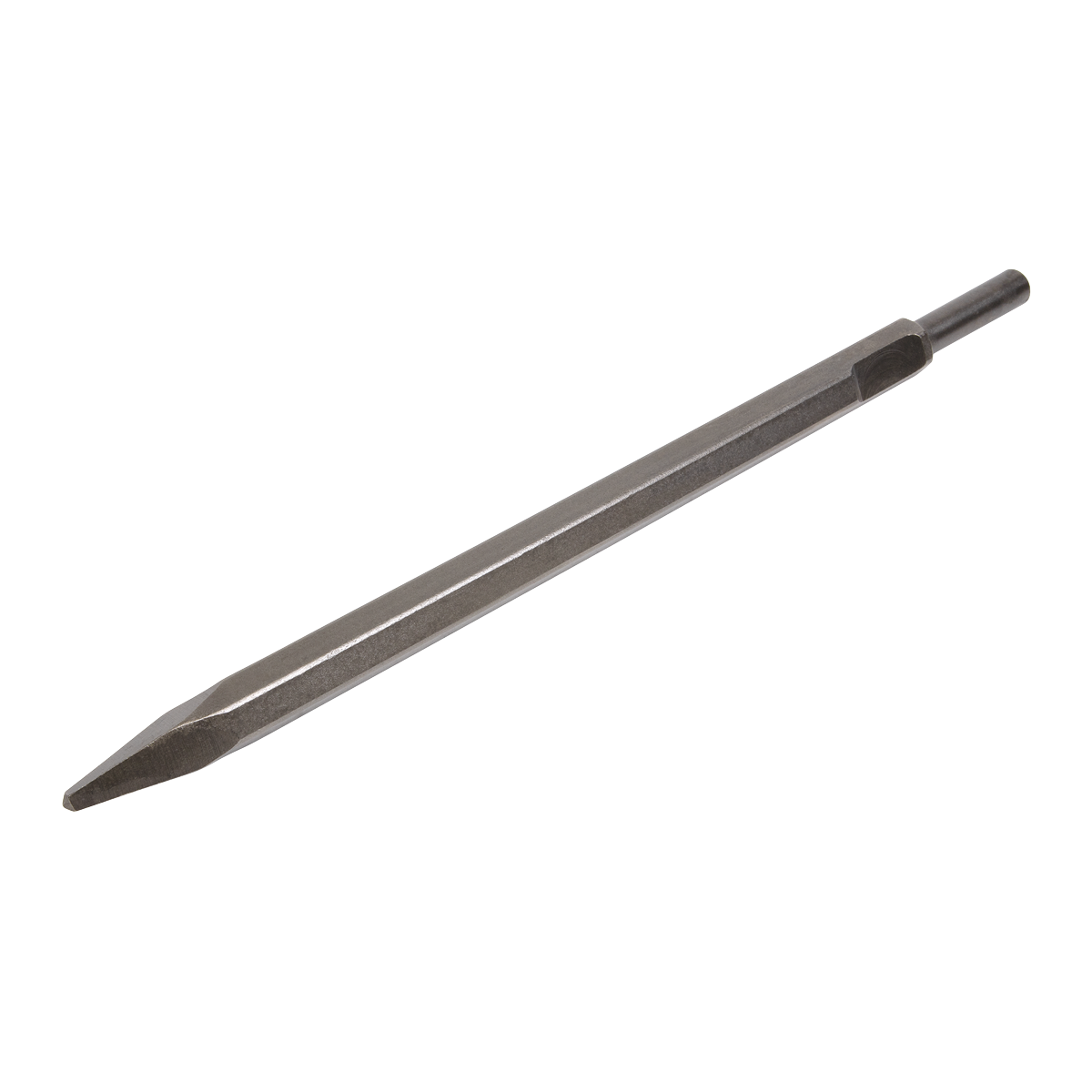 The Sealey Point 380mm - Kango 637 - A1PT is a steel chisel with a pointed tip and hexagonal shaft, designed for breaking or cutting materials, compatible with Kango 430C and 450C tools.