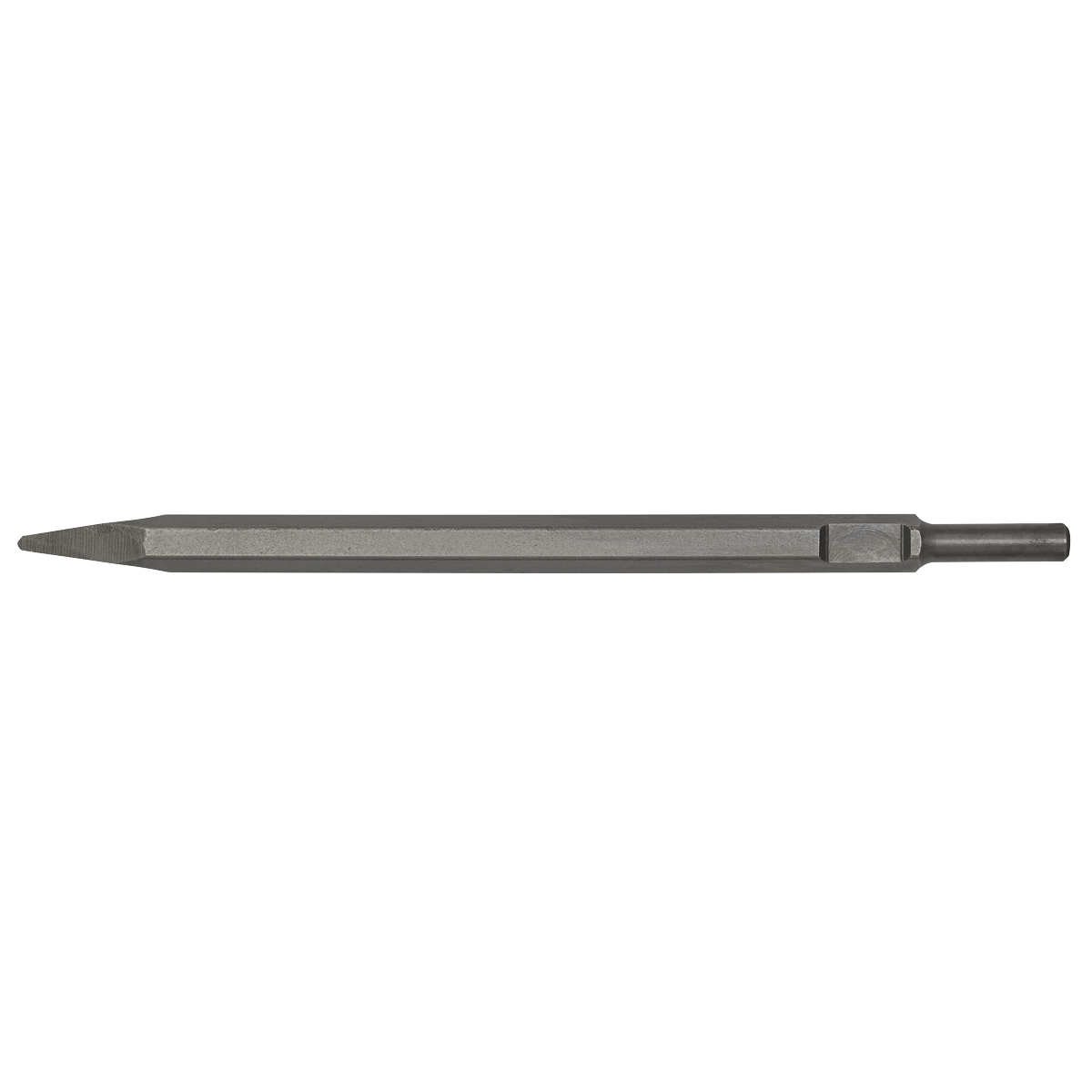 A gray Point 380mm chisel from Sealey, featuring a pointed tip with a hexagonal shaft and smooth shank, compatible with Kango tools (Model: 637 - A1PT).