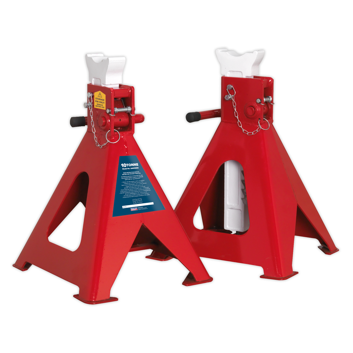 Sealey's AAS10000 Axle Stands, capable of supporting 10 tonnes each, feature a pair of red heavy-duty ratchet-type stands with cast iron support posts, triangular bases, ratcheting arms, and safety pins designed to securely support raised vehicles.