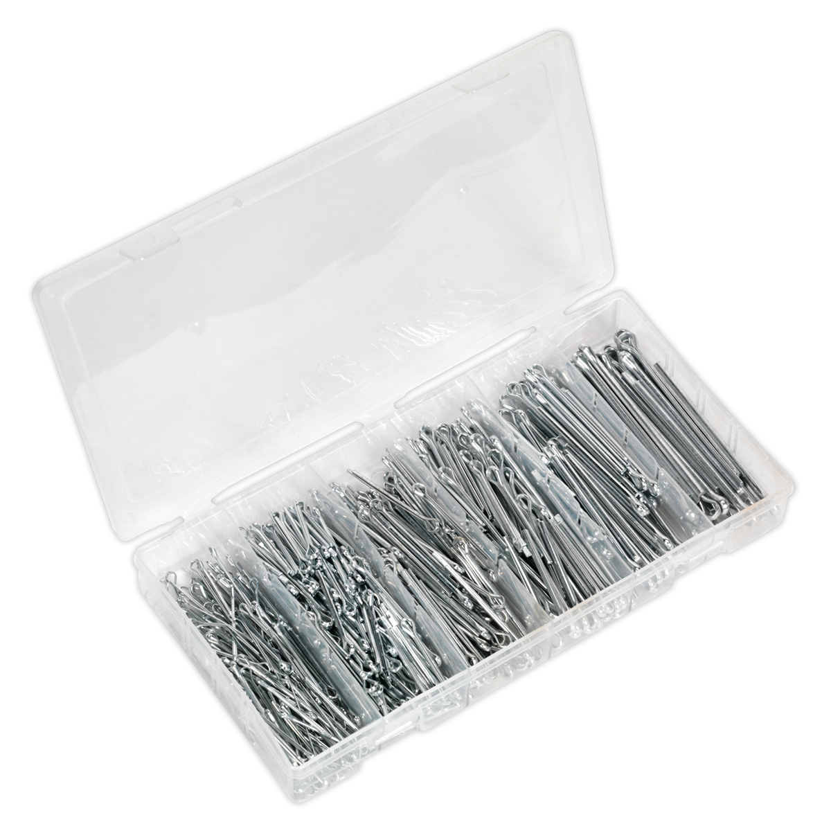 The Sealey Split Pin Assortment 555pc Small Sizes Metric & Imperial - AB001SP is contained in a partitioned box featuring a variety of metal split pins, neatly organized in transparent compartments, with options available in both metric and imperial sizes.