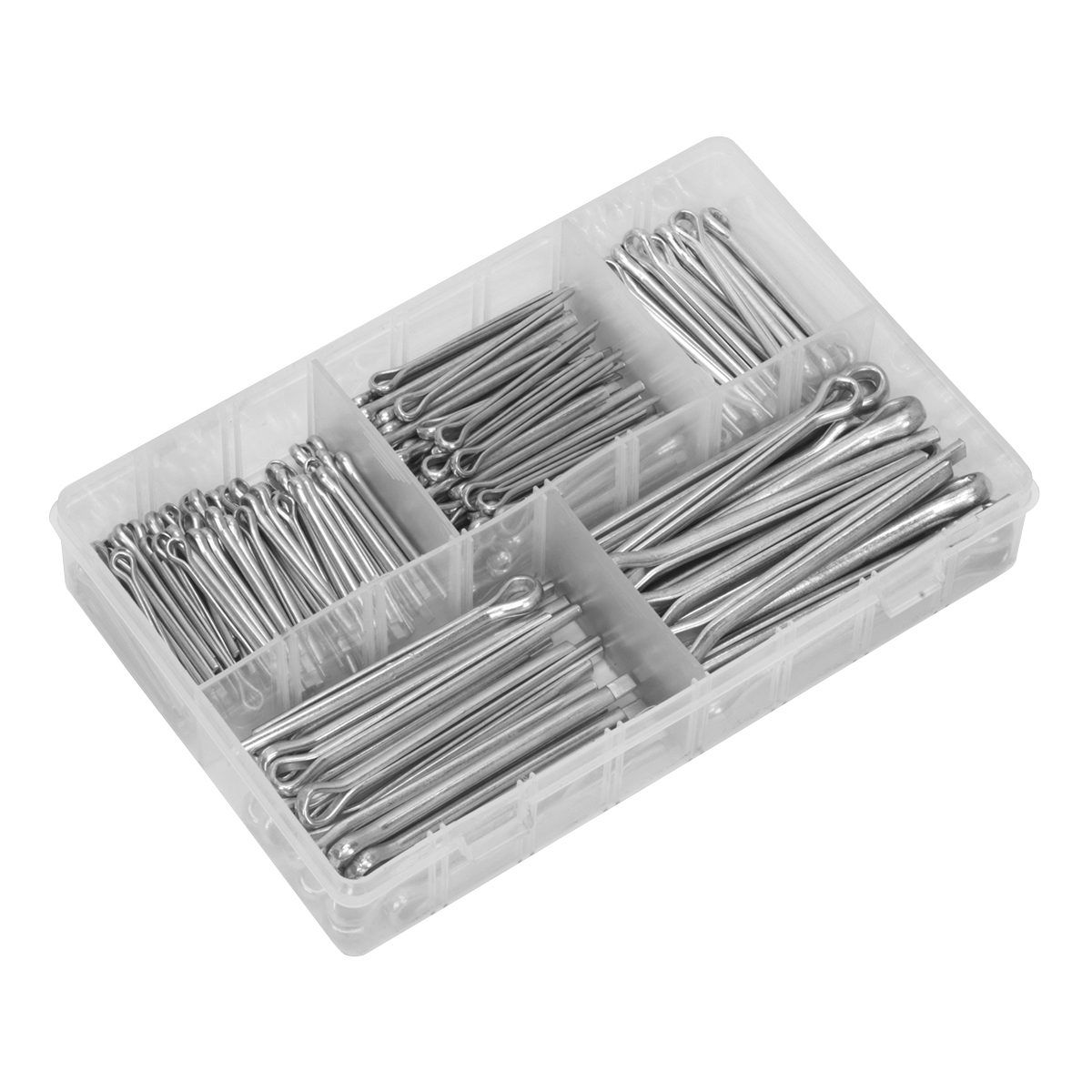 A clear plastic partitioned box containing an assortment of 230 large-sized Sealey metal split pins in various Imperial and Metric sizes. Product Name: Split Pin Assortment 230pc Large Sizes Metric & Imperial - AB003SP.