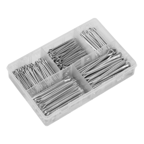 A clear plastic partitioned box containing an assortment of 230 large-sized Sealey metal split pins in various Imperial and Metric sizes. Product Name: Split Pin Assortment 230pc Large Sizes Metric & Imperial - AB003SP.