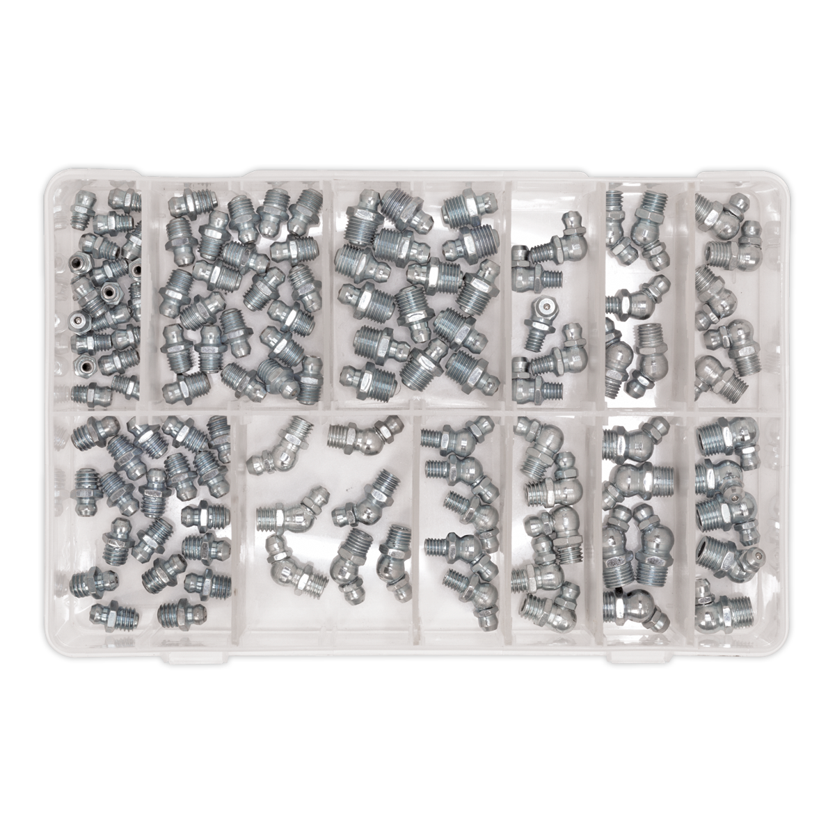 The meticulously organized Sealey Grease Nipple Assortment 115pc - Metric (AB008GN) contains various sizes of metal fittings and Metric grease nipples. Each fitting is neatly arranged in separate compartments, including those with 45° and 90° angles for versatile applications.