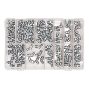 The meticulously organized Sealey Grease Nipple Assortment 115pc - Metric (AB008GN) contains various sizes of metal fittings and Metric grease nipples. Each fitting is neatly arranged in separate compartments, including those with 45° and 90° angles for versatile applications.