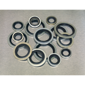 An assortment of 88 mechanical seals, including Dowty Seals and bonded seals, arranged on a flat surface. The product is identified as Sealey's Bonded Seal (Dowty Seal) Assortment 88pc - Metric - AB010DS.
