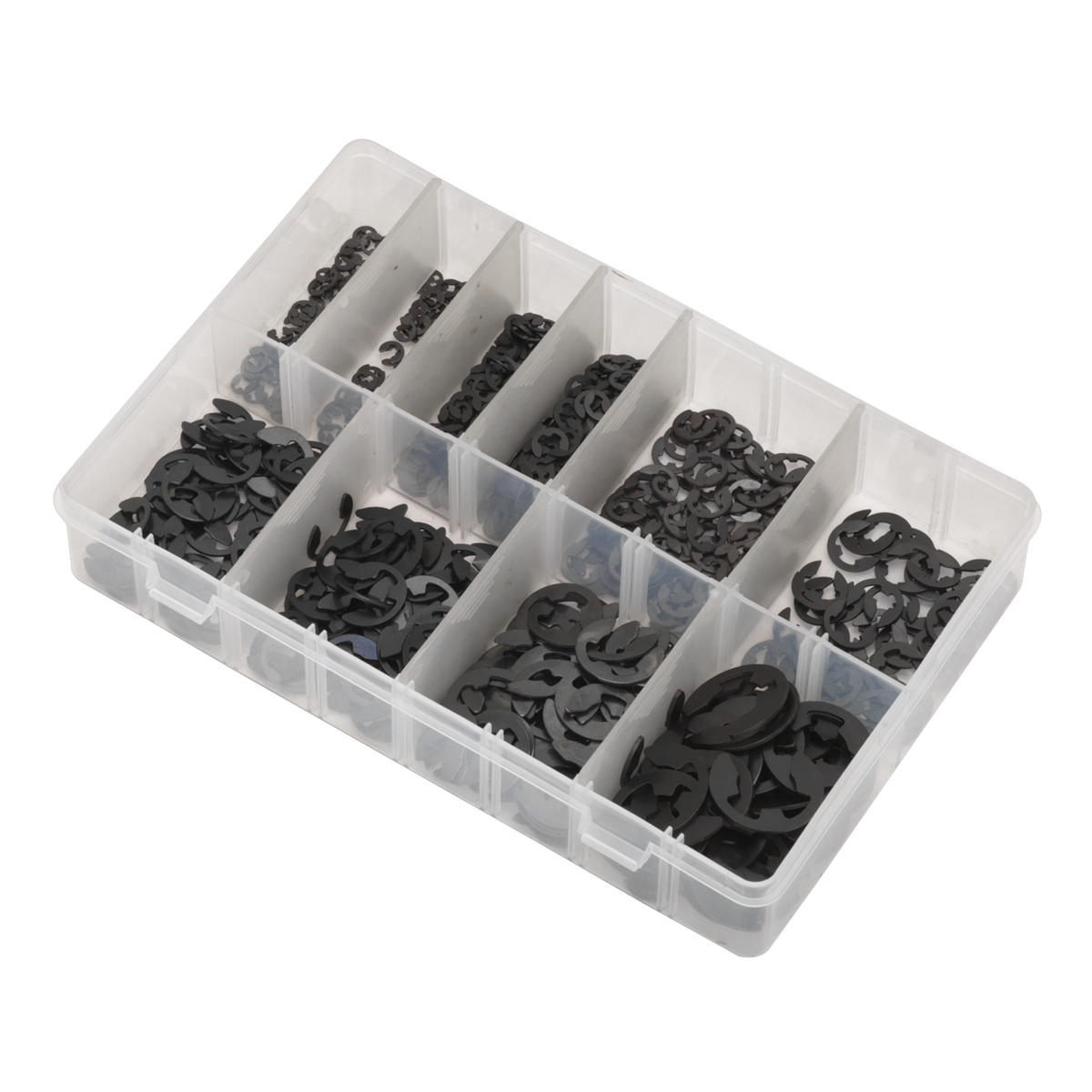 The Sealey E-Clip Retainer Assortment 800pc Imperial - AB013ER is a partitioned box with multiple compartments, containing an assortment of black e-clips in various Imperial sizes.