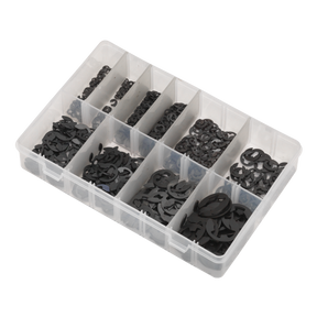 The Sealey E-Clip Retainer Assortment 800pc Imperial - AB013ER is a partitioned box with multiple compartments, containing an assortment of black e-clips in various Imperial sizes.