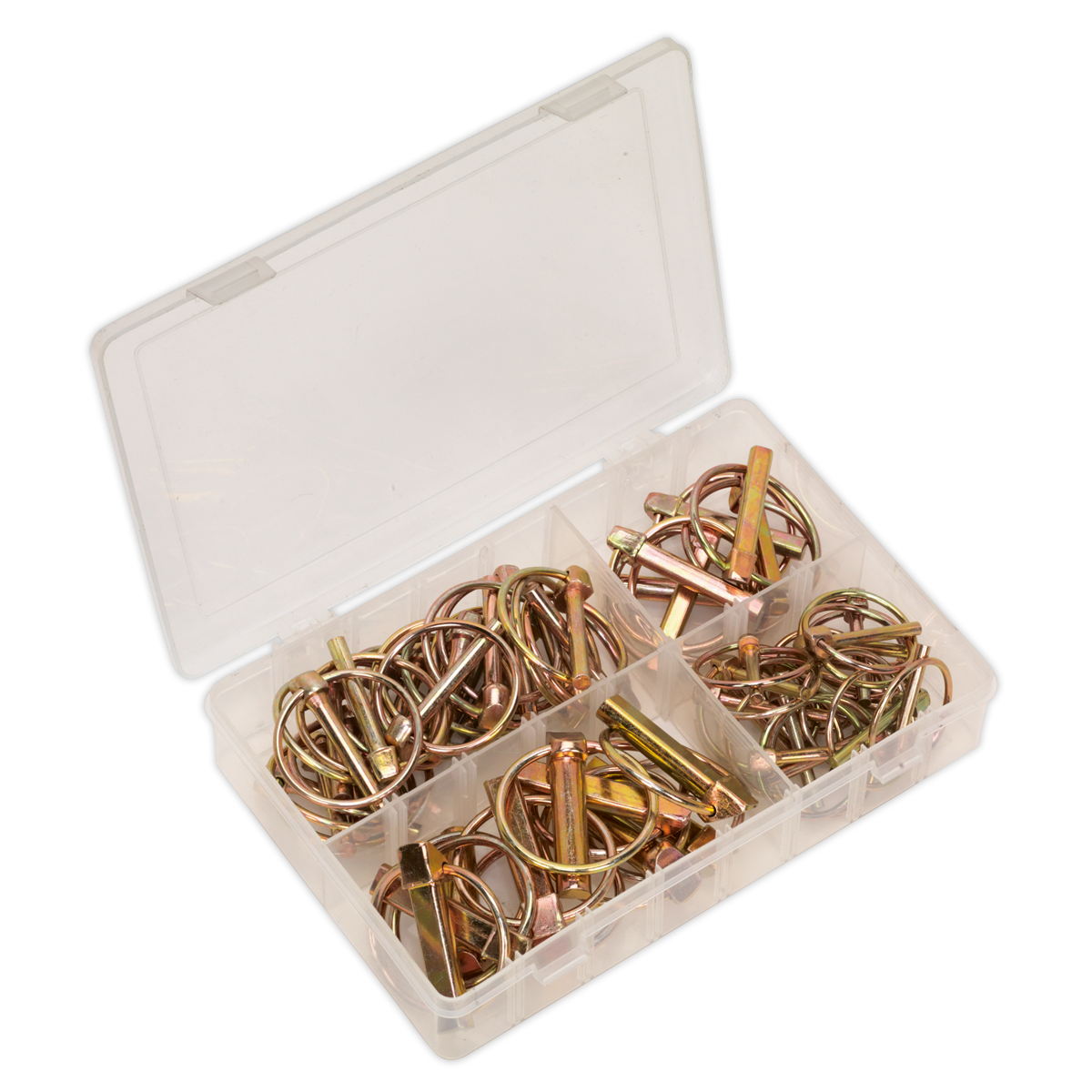 A Sealey AB022LP linch pin assortment, containing 50 pieces of various sizes including metric R-clips (hairpin cotter pins), all housed in a partitioned box for securing bolts or other components.