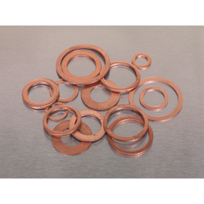 A 250-piece assortment of metric diesel injector copper washers from Sealey, product code AB027CW, arranged on a metallic surface.