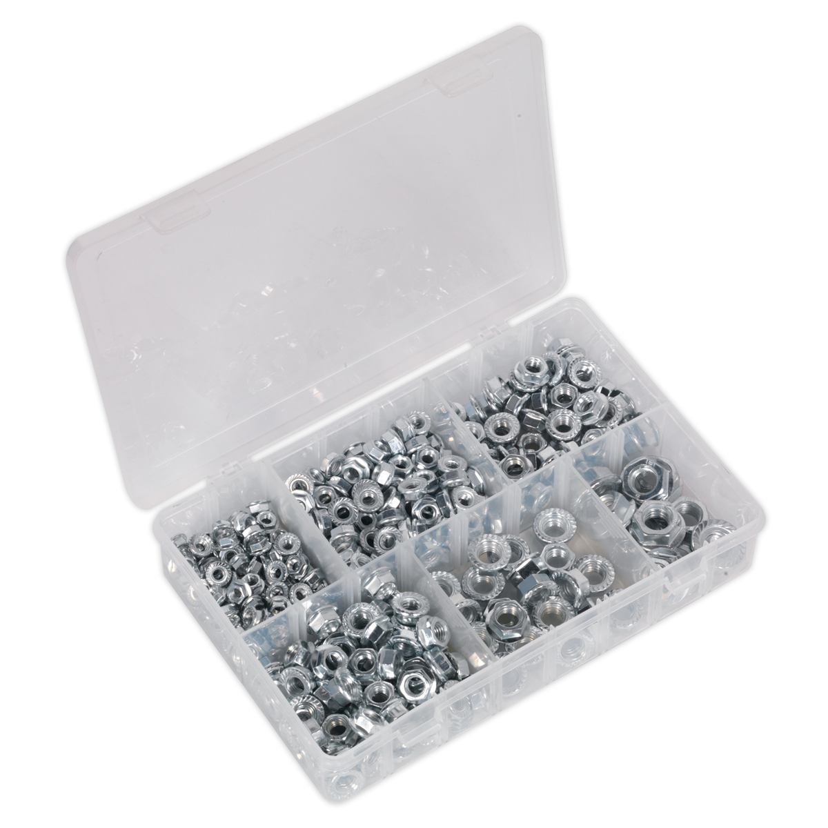 Sealey's Flange Nut Assortment 390pc M5-M12 Serrated Metric - AB031FN, a plastic organizer box with multiple compartments separating various sizes of serrated flange nuts in metric sizes, is shown with its lid open.