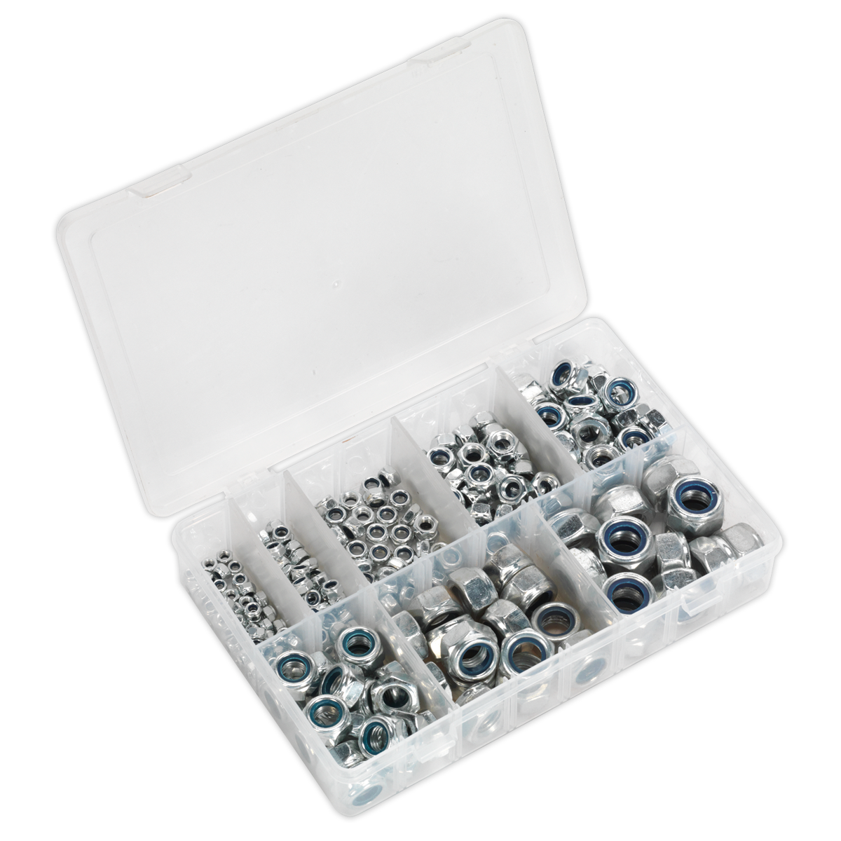 A clear plastic, partitioned box from Sealey contains the Nylon Locknut Assortment 255pc M4-M16 - AB033LN, featuring various sizes of metal nuts organized in compartments.