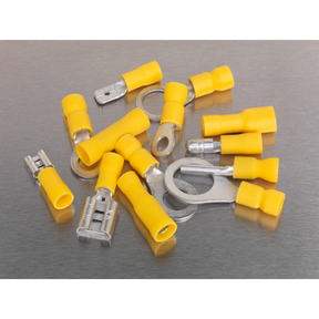 The Sealey Crimp Terminal Assortment 140pc Yellow - AB041YT is neatly arranged on a gray metallic surface.