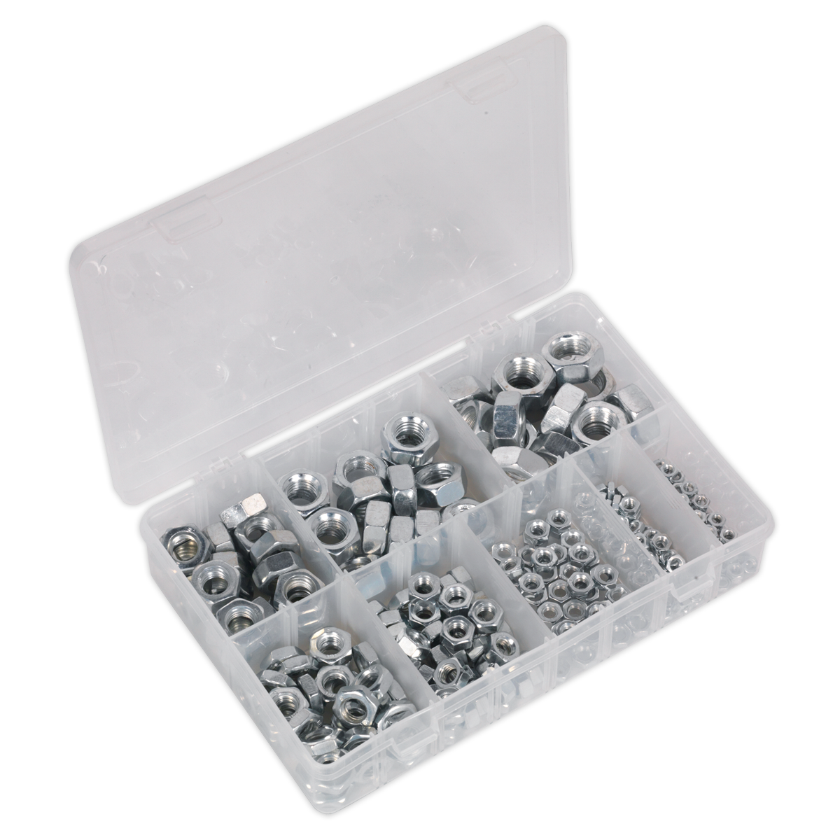 A clear plastic box from Sealey, product code AB046SN, is partitioned to contain 255 pieces of various sizes of Metric DIN 934 steel nuts ranging from M4-M16.