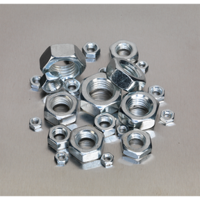 A collection of Sealey Steel Nut Assortment 255pc M4-M16 Metric - AB046SN arranged on a flat, metallic surface.