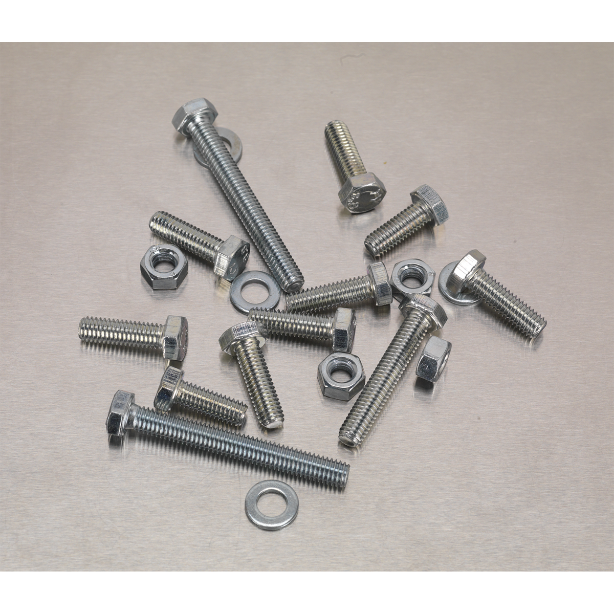 A Sealey Setscrew, Nut & Washer Assortment (408 pieces) in high tensile M6 metric, identified as AB050SNW, arranged randomly on a plain surface.