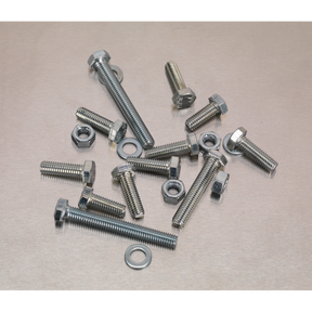 A Sealey Setscrew, Nut & Washer Assortment (408 pieces) in high tensile M6 metric, identified as AB050SNW, arranged randomly on a plain surface.