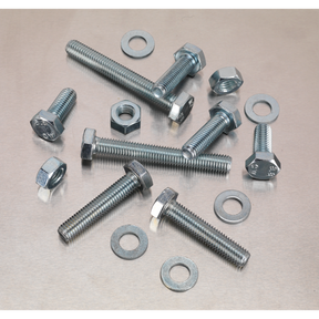 An assortment of Setscrew, Nut & Washer from Sealey, featuring 150 pieces of high-tensile M10 metric components (Product Code: AB052SNW), scattered on a flat, metallic surface.