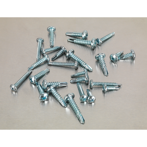 A scattered pile of Sealey's Self-Drilling Screw Assortment 500pc Pan Head Phillips Zinc (AB060SDS) on a light gray surface.