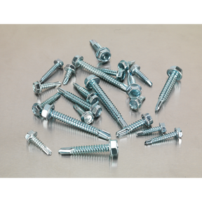 Sealey's 410-piece Self-Drilling Screw Assortment, product code AB061SDH, with hexagon heads and zinc coating, is neatly arranged on a flat, light-colored surface.
