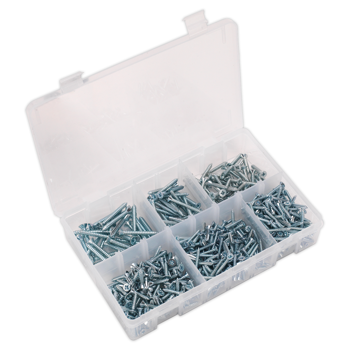 The Sealey Self-Tapping Screw Assortment DIN 7982 510pc Countersunk Pozi Zinc - AB062STCS is a clear plastic organizer containing an assortment of small metal screws in various sizes, including self-tapping screws, divided into eight compartments.