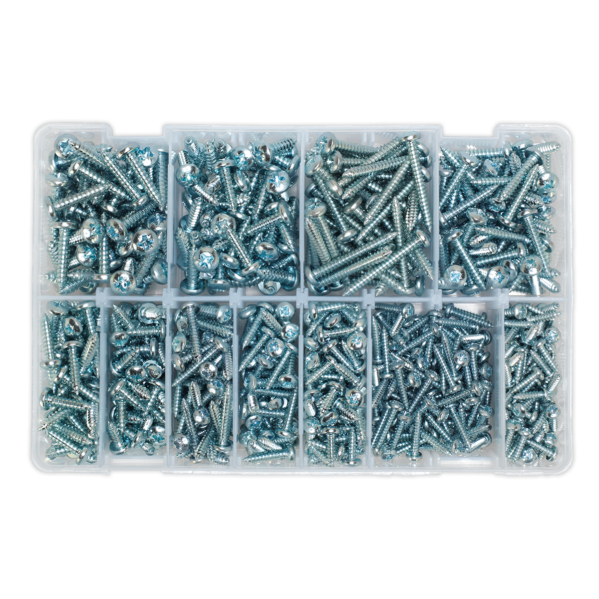 A Sealey plastic container (product code: AB063STPH) includes a 700-piece assortment of Self-Tapping Screw Assortment DIN 7981CZ Pan Head Pozi Zinc screws in various sizes.