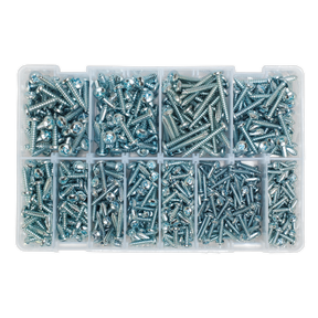 A Sealey plastic container (product code: AB063STPH) includes a 700-piece assortment of Self-Tapping Screw Assortment DIN 7981CZ Pan Head Pozi Zinc screws in various sizes.