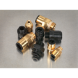 A selection of Sealey Speedfit® Thread Adaptor Assortment 30pc Metric & Imperial - AB072JG brass and black plastic pneumatic fittings, including thread adaptors and Speedfit pneumatic couplings, arranged on a metal surface.