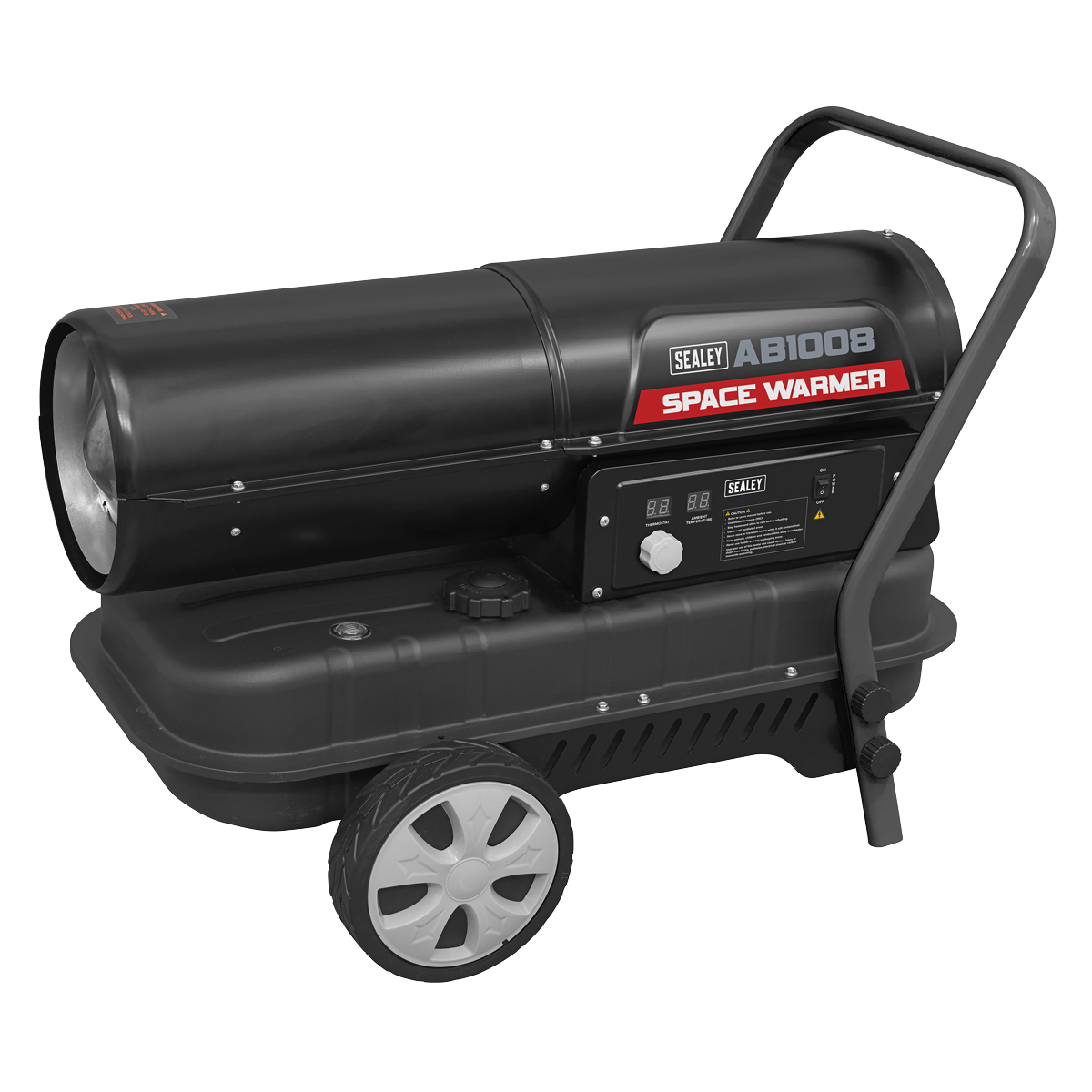 The Sealey Space Warmer® Paraffin/Kerosene/Diesel Heater 100,000Btu/hr with Wheels - AB1008 features a cylindrical shape, a handle, two large wheels, and several control knobs, designed to deliver efficient heating at 100,000 Btu/hr.