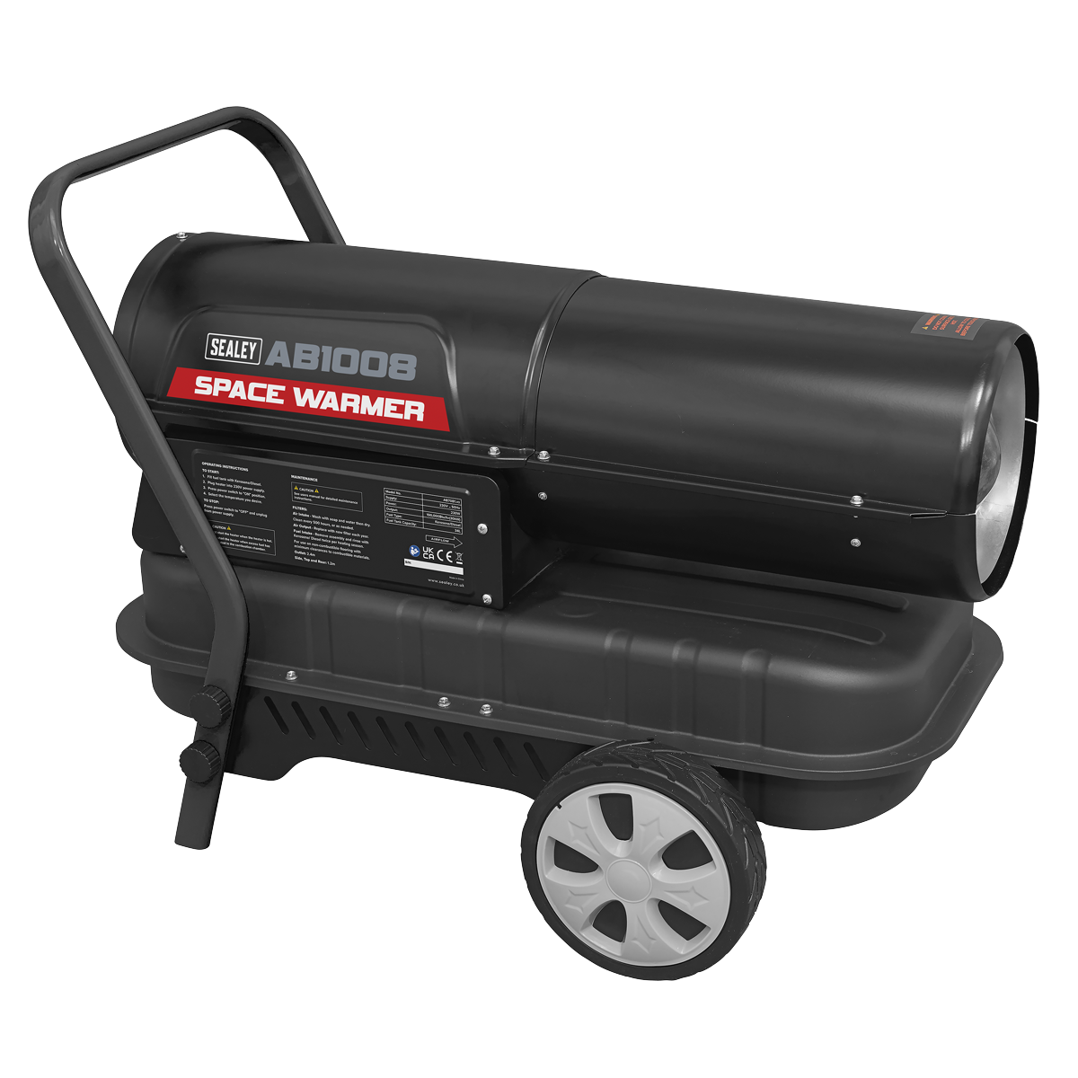 A Space Warmer® Paraffin/Kerosene/Diesel Heater 100,000Btu/hr with Wheels - AB1008 by Sealey features a black cylindrical design and is mounted on a wheeled cart for easy mobility. The unit's controls and specifications are clearly labeled on the side.