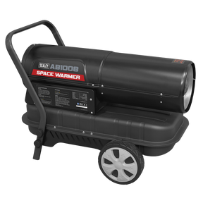 A Space Warmer® Paraffin/Kerosene/Diesel Heater 100,000Btu/hr with Wheels - AB1008 by Sealey features a black cylindrical design and is mounted on a wheeled cart for easy mobility. The unit's controls and specifications are clearly labeled on the side.