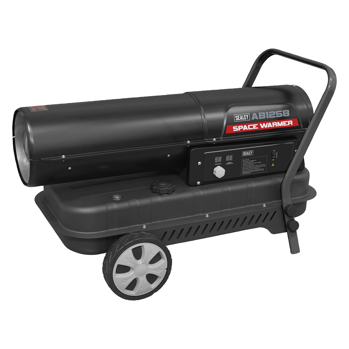 Introducing the "Sealey Space Warmer® Kerosene/Diesel Heater 135,000Btu/hr with Wheels - AB1258," a mobile industrial heater equipped with wheels and a handle for easy maneuverability. This versatile heater features control buttons and dials on the side for efficient heating performance, making it suitable for use with both diesel and kerosene.