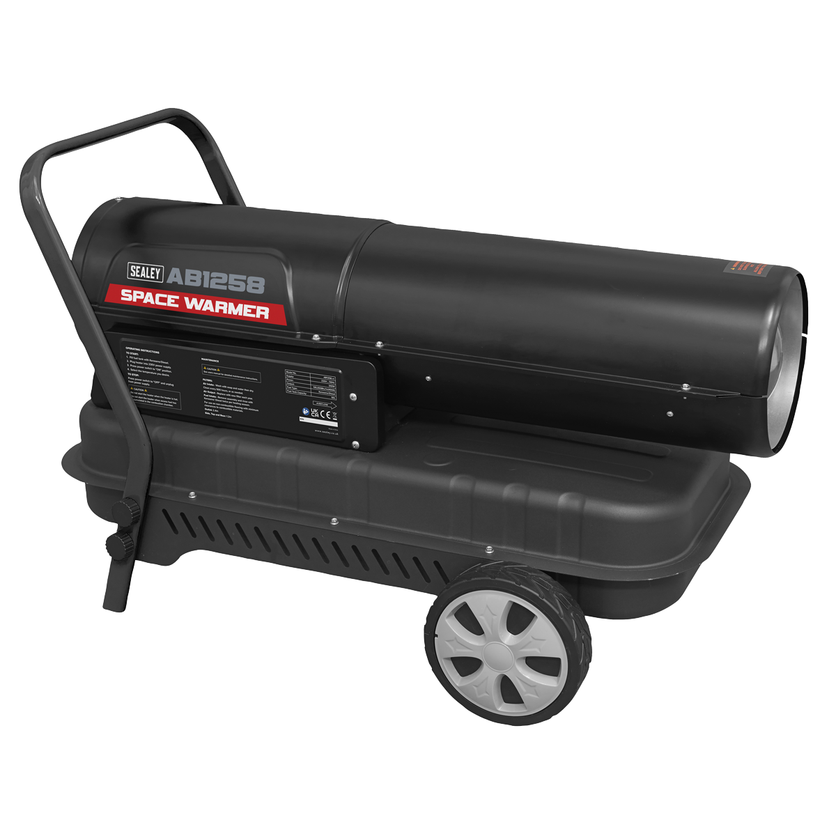 A portable, black Space Warmer® Kerosene/Diesel Heater 135,000Btu/hr with Wheels - AB1258 by Sealey features an integrated control panel and a black cylindrical design for efficient heating.