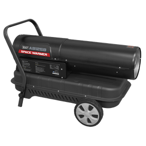 A portable, black Space Warmer® Kerosene/Diesel Heater 135,000Btu/hr with Wheels - AB1258 by Sealey features an integrated control panel and a black cylindrical design for efficient heating.